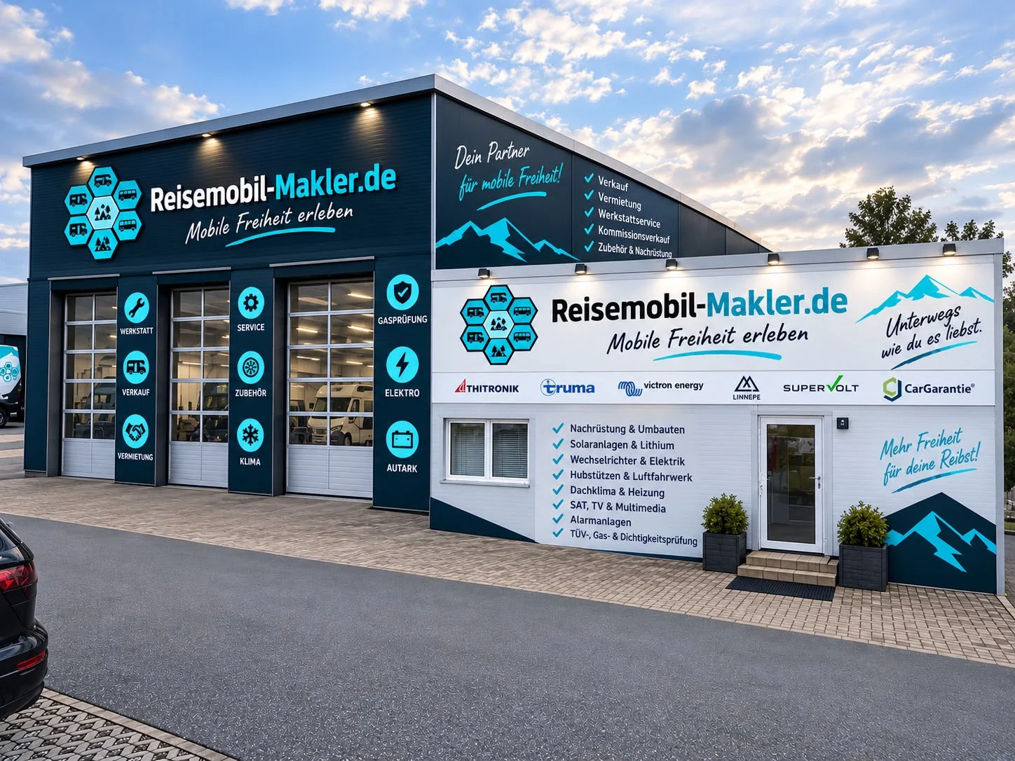 Gebäude von Reisemobil-Makler.de mit Werkstatt-Toren und Showroom.