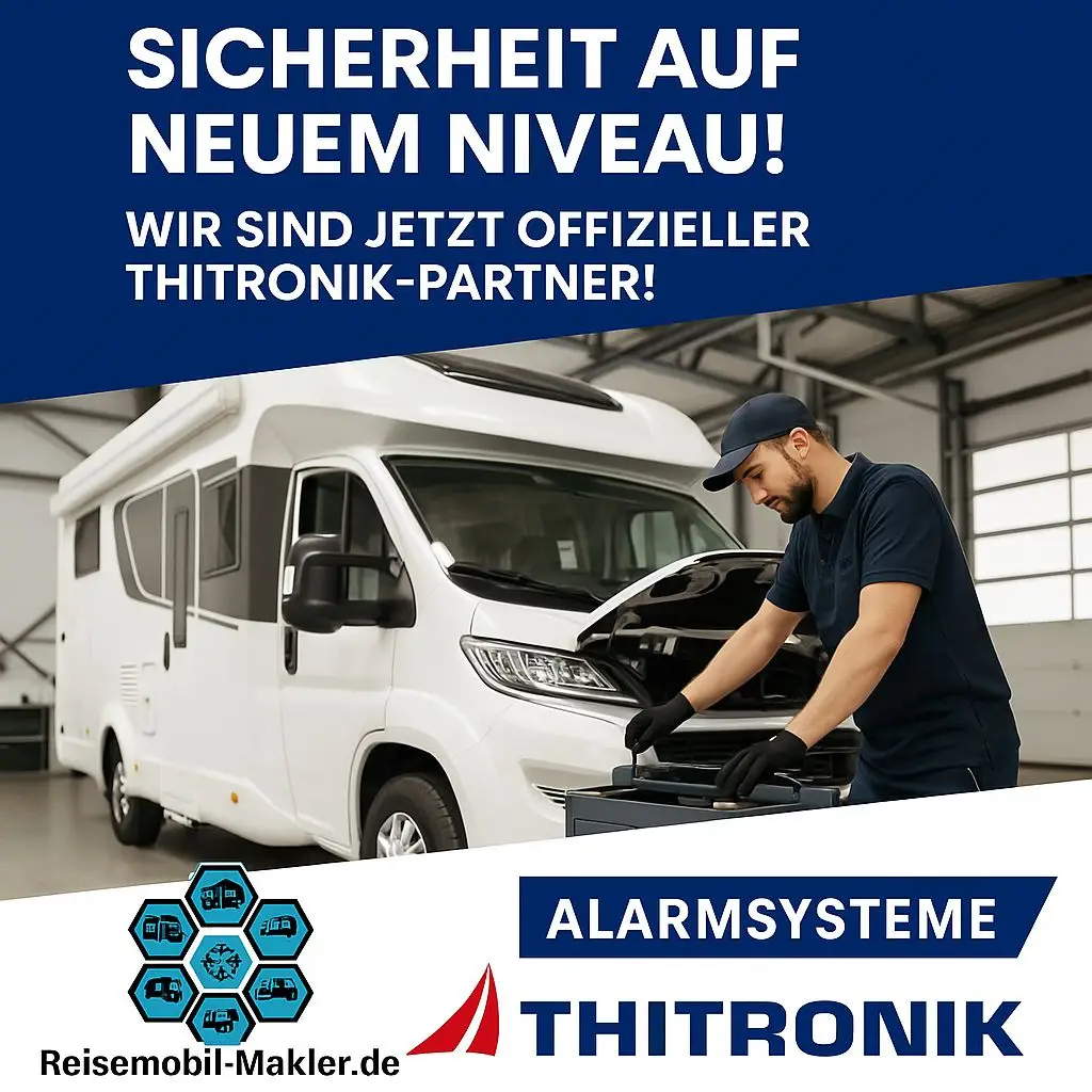 Weißes Wohnmobil schräg von vorne fotografiert, auf einem Hof geparkt.