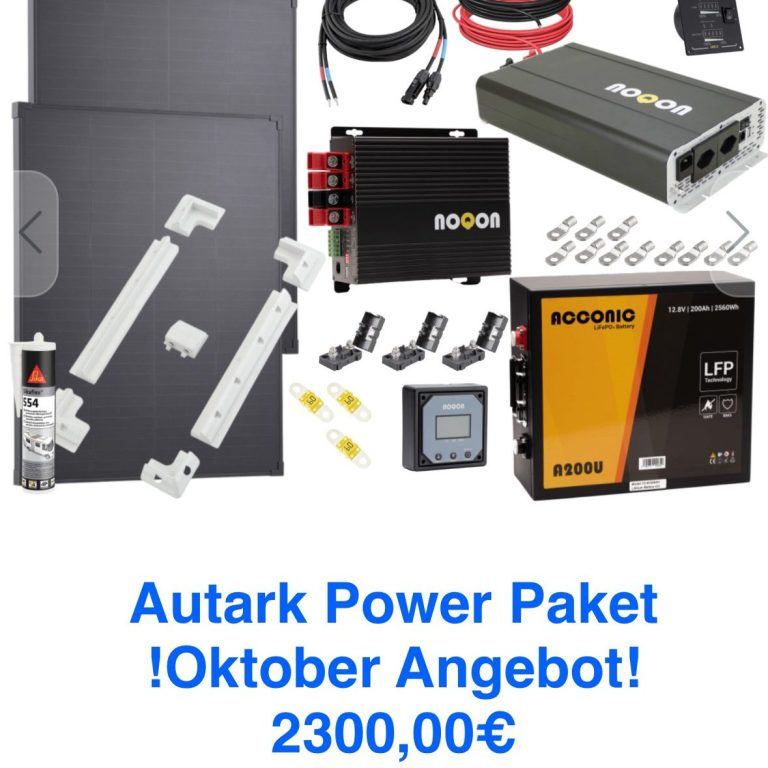 Autarkes Power-Paket mit verschiedenen Komponenten und Zubehör für 2300,00 €.